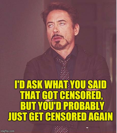 Face You Make Robert Downey Jr Meme | I'D ASK WHAT YOU SAID THAT GOT CENSORED,  BUT YOU'D PROBABLY JUST GET CENSORED AGAIN | image tagged in memes,face you make robert downey jr | made w/ Imgflip meme maker