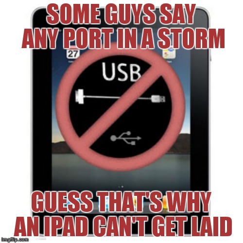 Siri gets lonely you know... | SOME GUYS SAY ANY PORT IN A STORM; GUESS THAT'S WHY AN IPAD CAN'T GET LAID | image tagged in port,ipad,no diggity,sad | made w/ Imgflip meme maker