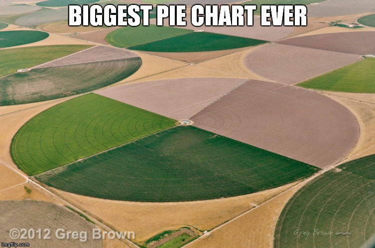 25% corn, 25% wheat, 25% alfalfa, 25% soy beans | BIGGEST PIE CHART EVER | image tagged in irrigation circles,pie chart,crops,irrigation,farmers | made w/ Imgflip meme maker