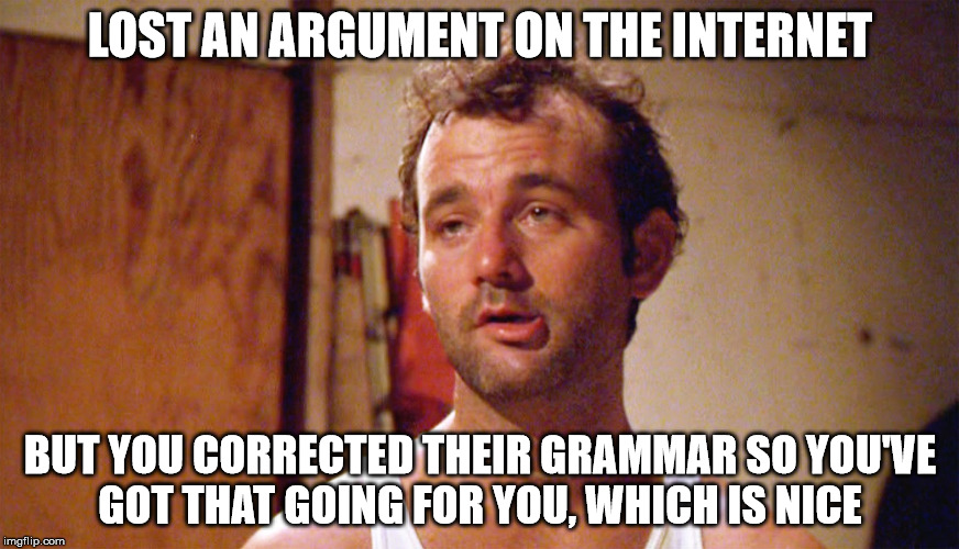 Bill Murray | LOST AN ARGUMENT ON THE INTERNET; BUT YOU CORRECTED THEIR GRAMMAR SO YOU'VE GOT THAT GOING FOR YOU, WHICH IS NICE | image tagged in bill murray,grammar | made w/ Imgflip meme maker