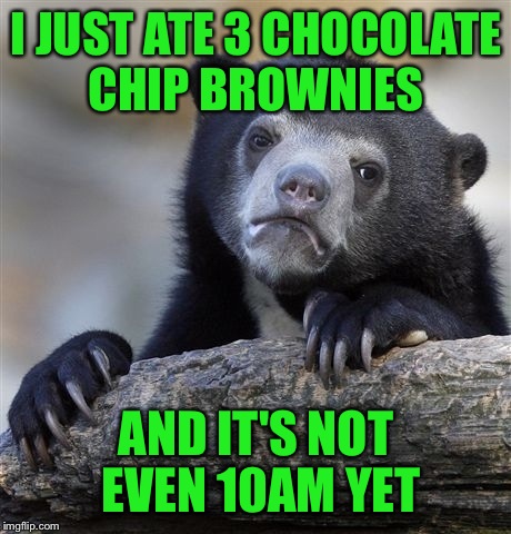 Confession Bear Meme | I JUST ATE 3 CHOCOLATE CHIP BROWNIES; AND IT'S NOT EVEN 10AM YET | image tagged in memes,confession bear | made w/ Imgflip meme maker