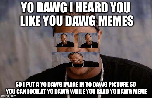 Yo Dawg Heard You Meme | YO DAWG I HEARD YOU LIKE YOU DAWG MEMES; SO I PUT A YO DAWG IMAGE IN YO DAWG PICTURE SO YOU CAN LOOK AT YO DAWG WHILE YOU READ YO DAWG MEME | image tagged in memes,yo dawg heard you | made w/ Imgflip meme maker