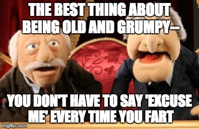 grumpy old men | THE BEST THING ABOUT BEING OLD AND GRUMPY--; YOU DON'T HAVE TO SAY 'EXCUSE ME' EVERY TIME YOU FART | image tagged in grumpy old men | made w/ Imgflip meme maker