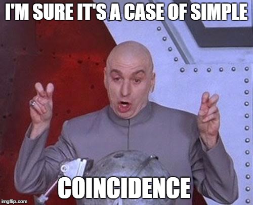 Dr Evil Laser Meme | I'M SURE IT'S A CASE OF SIMPLE COINCIDENCE | image tagged in memes,dr evil laser | made w/ Imgflip meme maker