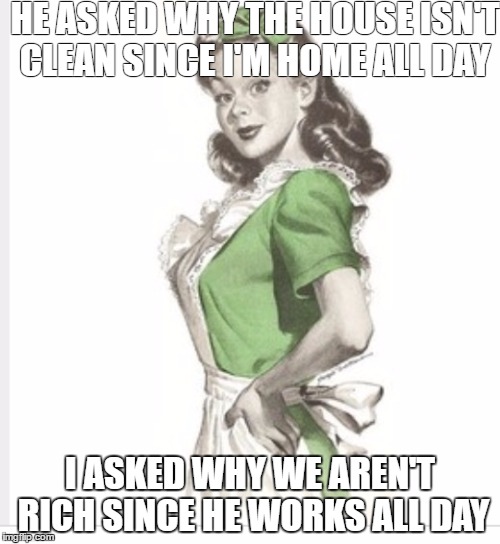 50's housewife | HE ASKED WHY THE HOUSE ISN'T CLEAN SINCE I'M HOME ALL DAY; I ASKED WHY WE AREN'T RICH SINCE HE WORKS ALL DAY | image tagged in 50's housewife | made w/ Imgflip meme maker