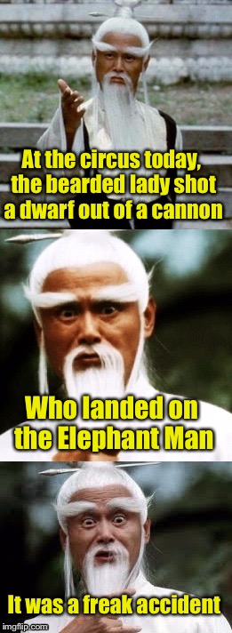 Bad Pun Chinese Man | At the circus today, the bearded lady shot a dwarf out of a cannon; Who landed on the Elephant Man; It was a freak accident | image tagged in bad pun chinese man | made w/ Imgflip meme maker