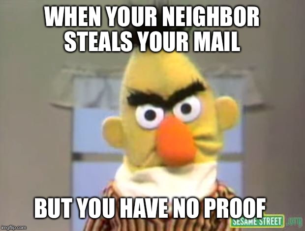 Sesame Street - Angry Bert | WHEN YOUR NEIGHBOR STEALS YOUR MAIL; BUT YOU HAVE NO PROOF | image tagged in sesame street - angry bert | made w/ Imgflip meme maker