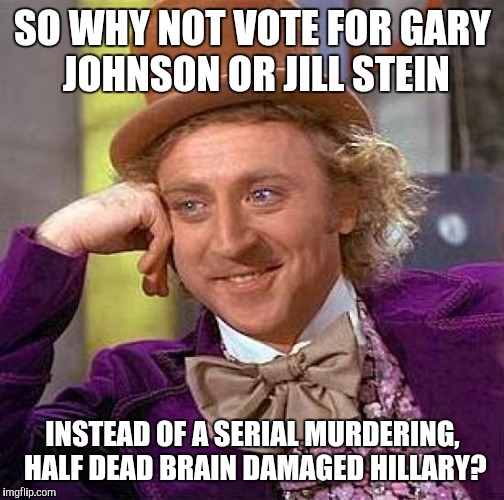 Creepy Condescending Wonka Meme | SO WHY NOT VOTE FOR GARY JOHNSON OR JILL STEIN INSTEAD OF A SERIAL MURDERING, HALF DEAD BRAIN DAMAGED HILLARY? | image tagged in memes,creepy condescending wonka | made w/ Imgflip meme maker