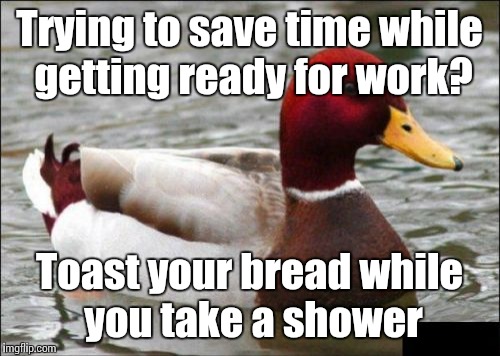 Make sure it's plugged in | Trying to save time while getting ready for work? Toast your bread while you take a shower | image tagged in memes,malicious advice mallard,trhtimmy | made w/ Imgflip meme maker