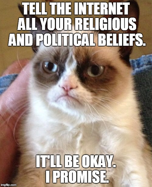 Grumpy Cat Meme | TELL THE INTERNET ALL YOUR RELIGIOUS AND POLITICAL BELIEFS. IT'LL BE OKAY. I PROMISE. | image tagged in memes,grumpy cat | made w/ Imgflip meme maker