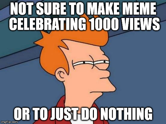 Futurama Fry Meme | NOT SURE TO MAKE MEME CELEBRATING 1000 VIEWS; OR TO JUST DO NOTHING | image tagged in memes,futurama fry | made w/ Imgflip meme maker