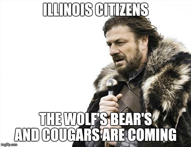 Brace Yourselves X is Coming Meme | ILLINOIS CITIZENS; THE WOLF'S BEAR'S AND COUGARS ARE COMING | image tagged in memes,brace yourselves x is coming | made w/ Imgflip meme maker