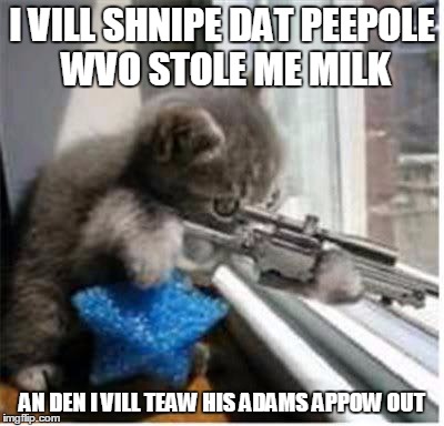 cats with guns | I VILL SHNIPE DAT PEEPOLE WVO STOLE ME MILK; AN DEN I VILL TEAW HIS ADAMS APPOW OUT | image tagged in cats with guns | made w/ Imgflip meme maker