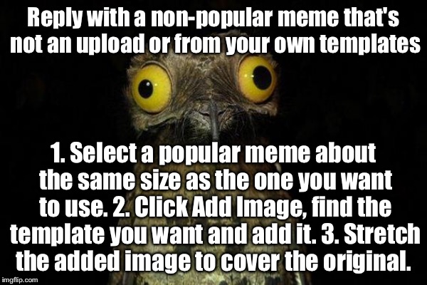 Reply with a non-popular meme that's not an upload or from your own templates 1. Select a popular meme about the same size as the one you wa | made w/ Imgflip meme maker