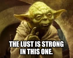 yoda | THE LUST IS STRONG IN THIS ONE. | image tagged in yoda | made w/ Imgflip meme maker