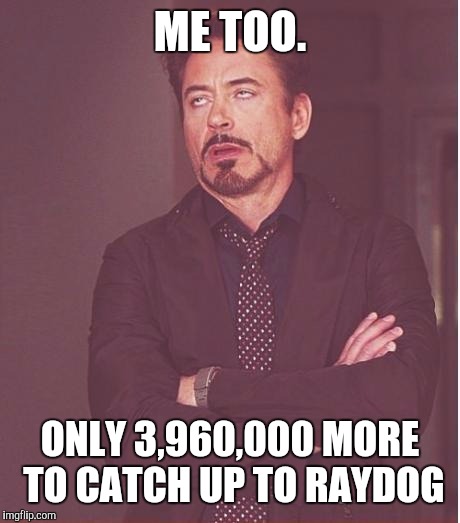 Face You Make Robert Downey Jr Meme | ME TOO. ONLY 3,960,000 MORE TO CATCH UP TO RAYDOG | image tagged in memes,face you make robert downey jr | made w/ Imgflip meme maker