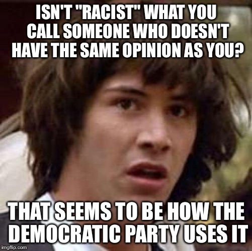 Conspiracy Keanu Meme | ISN'T "RACIST" WHAT YOU CALL SOMEONE WHO DOESN'T HAVE THE SAME OPINION AS YOU? THAT SEEMS TO BE HOW THE DEMOCRATIC PARTY USES IT | image tagged in memes,conspiracy keanu | made w/ Imgflip meme maker