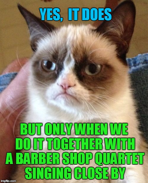 Grumpy Cat Meme | YES,  IT DOES BUT ONLY WHEN WE DO IT TOGETHER WITH A BARBER SHOP QUARTET SINGING CLOSE BY | image tagged in memes,grumpy cat | made w/ Imgflip meme maker