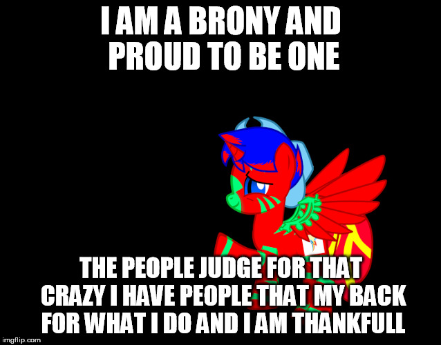 I AM A BRONY AND PROUD TO BE ONE; THE PEOPLE JUDGE FOR THAT CRAZY I HAVE PEOPLE THAT MY BACK FOR WHAT I DO AND I AM THANKFULL | image tagged in mlp | made w/ Imgflip meme maker