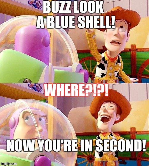 Buzz Look an Alien! | BUZZ LOOK  A BLUE SHELL! WHERE?!?! NOW YOU'RE IN SECOND! | image tagged in buzz look an alien | made w/ Imgflip meme maker