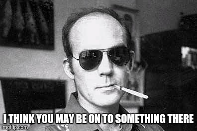 Hunter Thompson says | I THINK YOU MAY BE ON TO SOMETHING THERE | image tagged in hunter thompson says | made w/ Imgflip meme maker