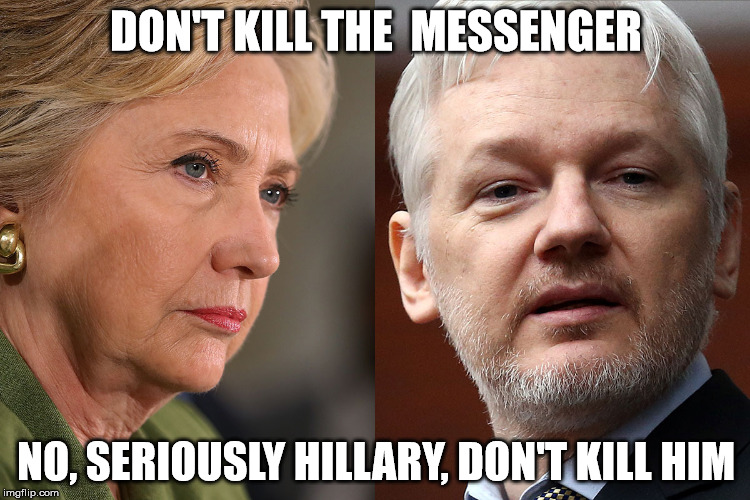 Don't Kill the Messenger | DON'T KILL THE  MESSENGER; NO, SERIOUSLY HILLARY, DON'T KILL HIM | image tagged in killary,hillary,julian assange,don't kill the messenger | made w/ Imgflip meme maker