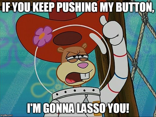 I'm Gonna Lasso You! | IF YOU KEEP PUSHING MY BUTTON, I'M GONNA LASSO YOU! | image tagged in sandy cheeks - tough,memes,spongebob squarepants,sandy cheeks cowboy hat,texas girl,flower | made w/ Imgflip meme maker