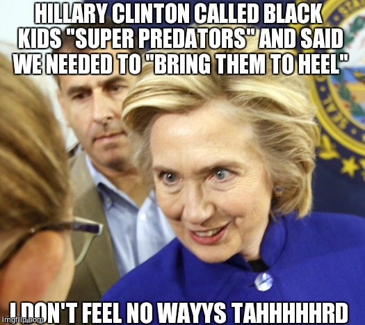 Alien Hillary | HILLARY CLINTON CALLED BLACK KIDS "SUPER PREDATORS" AND SAID WE NEEDED TO "BRING THEM TO HEEL"; I DON'T FEEL NO WAYYS TAHHHHHRD | image tagged in alien hillary | made w/ Imgflip meme maker