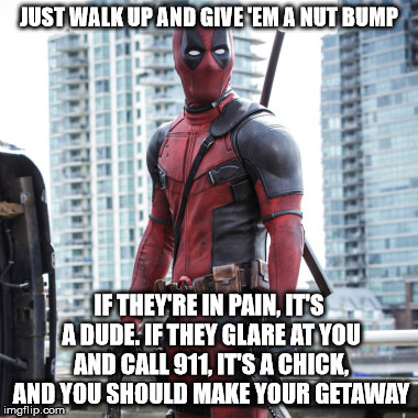 Deadpool - 12 Rounds | JUST WALK UP AND GIVE 'EM A NUT BUMP IF THEY'RE IN PAIN, IT'S A DUDE. IF THEY GLARE AT YOU AND CALL 911, IT'S A CHICK, AND YOU SHOULD MAKE Y | image tagged in deadpool - 12 rounds | made w/ Imgflip meme maker