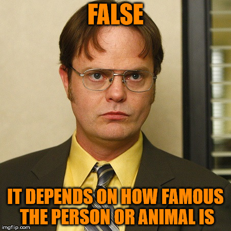 FALSE IT DEPENDS ON HOW FAMOUS THE PERSON OR ANIMAL IS | image tagged in dwight false | made w/ Imgflip meme maker