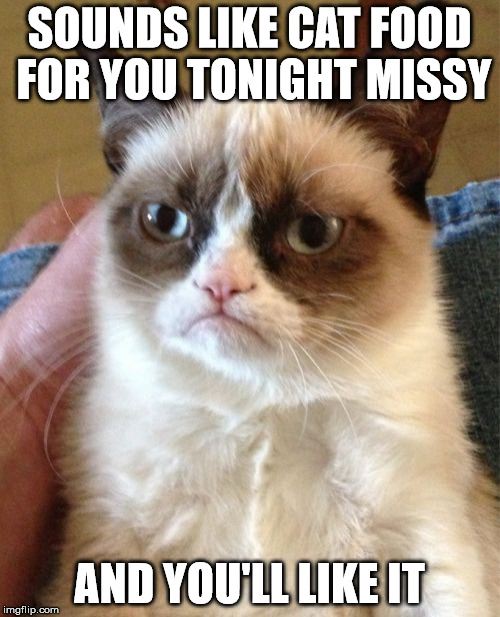 Grumpy Cat Meme | SOUNDS LIKE CAT FOOD FOR YOU TONIGHT MISSY AND YOU'LL LIKE IT | image tagged in memes,grumpy cat | made w/ Imgflip meme maker