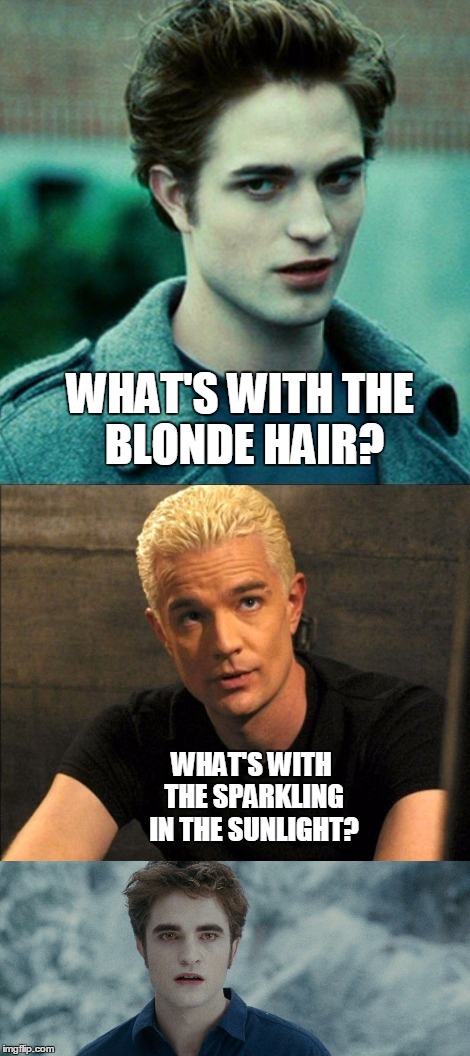 WHAT'S WITH THE BLONDE HAIR? WHAT'S WITH THE SPARKLING IN THE SUNLIGHT? | made w/ Imgflip meme maker