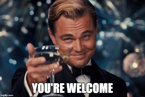 Leonardo Dicaprio Cheers Meme | YOU'RE WELCOME | image tagged in memes,leonardo dicaprio cheers | made w/ Imgflip meme maker