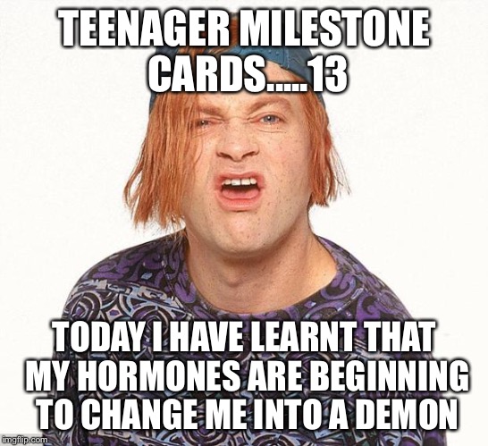 Kevin the teenager | TEENAGER MILESTONE CARDS.....13; TODAY I HAVE LEARNT THAT MY HORMONES ARE BEGINNING TO CHANGE ME INTO A DEMON | image tagged in kevin the teenager | made w/ Imgflip meme maker