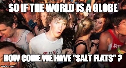 Sudden Clarity Clarence Meme | SO IF THE WORLD IS A GLOBE; HOW COME WE HAVE "SALT FLATS" ? | image tagged in memes,sudden clarity clarence | made w/ Imgflip meme maker