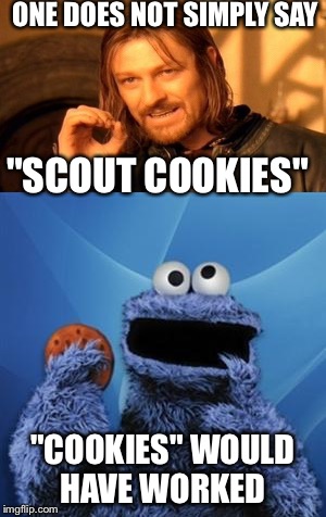 ONE DOES NOT SIMPLY SAY "COOKIES" WOULD HAVE WORKED "SCOUT COOKIES" | made w/ Imgflip meme maker