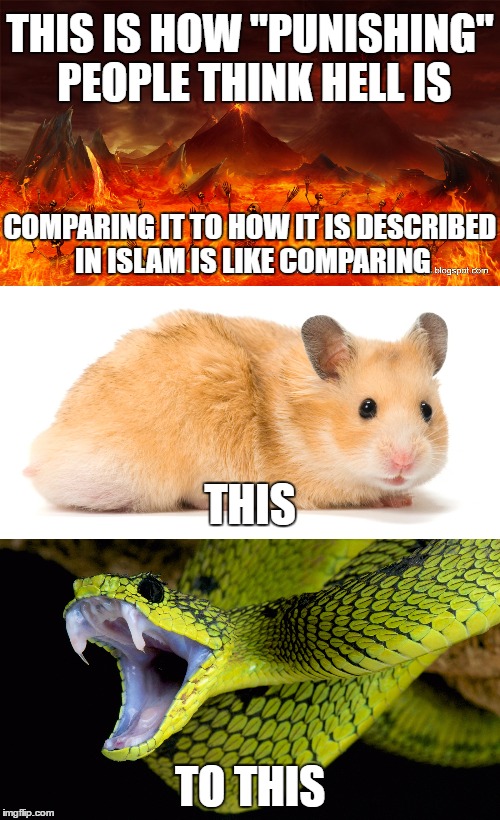 Hell In Islam | THIS IS HOW "PUNISHING" PEOPLE THINK HELL IS; COMPARING IT TO HOW IT IS DESCRIBED IN ISLAM IS LIKE COMPARING; THIS; TO THIS | image tagged in hell,islam,snake,evil | made w/ Imgflip meme maker