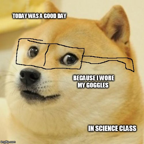 Doge Meme | TODAY WAS A GOOD DAY; BECAUSE I WORE MY GOGGLES; IN SCIENCE CLASS | image tagged in memes,doge | made w/ Imgflip meme maker