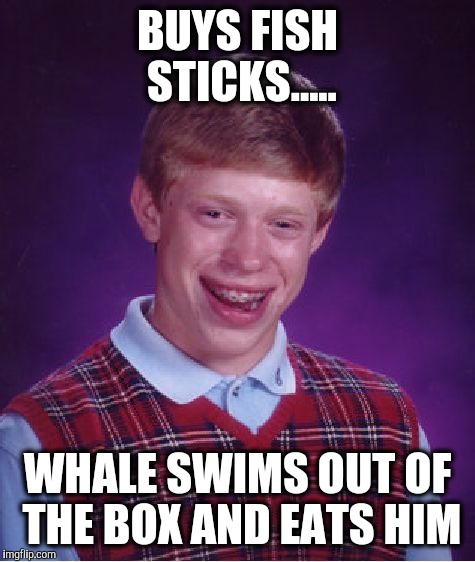 Bad Luck Brian | BUYS FISH STICKS..... WHALE SWIMS OUT OF THE BOX AND EATS HIM | image tagged in memes,bad luck brian | made w/ Imgflip meme maker