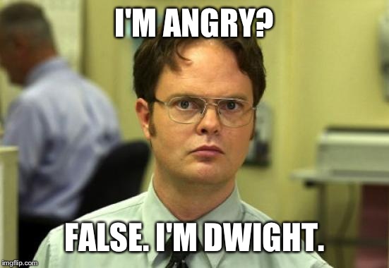 Dwight Schrute | I'M ANGRY? FALSE. I'M DWIGHT. | image tagged in memes,dwight schrute | made w/ Imgflip meme maker