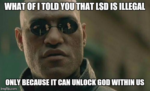 Matrix Morpheus | WHAT OF I TOLD YOU THAT LSD IS ILLEGAL; ONLY BECAUSE IT CAN UNLOCK GOD WITHIN US | image tagged in memes,matrix morpheus | made w/ Imgflip meme maker