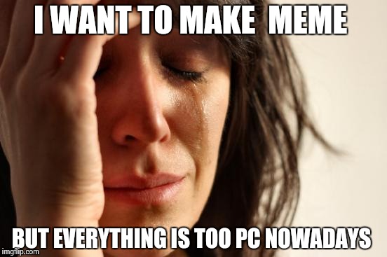 First World Problems Meme | I WANT TO MAKE  MEME; BUT EVERYTHING IS TOO PC NOWADAYS | image tagged in memes,first world problems | made w/ Imgflip meme maker