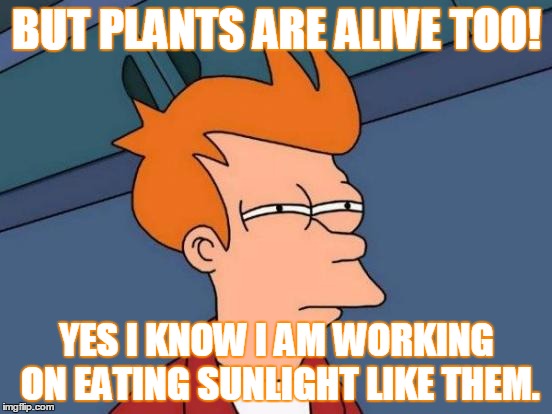 working on eating like a plant | BUT PLANTS ARE ALIVE TOO! YES I KNOW I AM WORKING ON EATING SUNLIGHT LIKE THEM. | image tagged in memes,futurama fry,vegan,meat,perspective | made w/ Imgflip meme maker