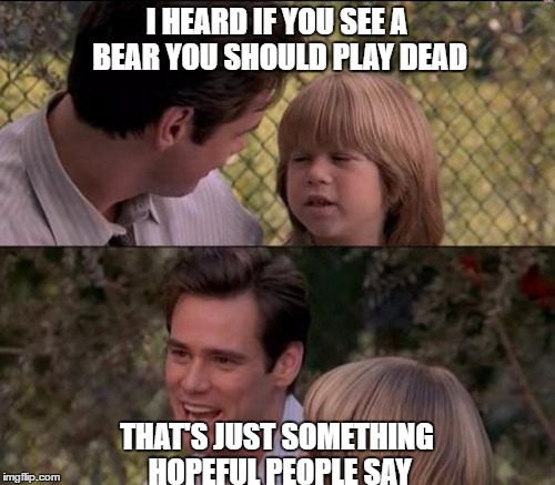 I HEARD IF YOU SEE A BEAR YOU SHOULD PLAY DEAD THAT'S JUST SOMETHING HOPEFUL PEOPLE SAY | made w/ Imgflip meme maker