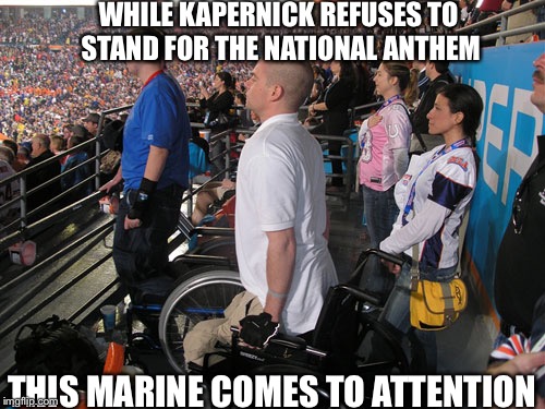 Colin Kapernick of the San Fran 49ers refuses to stand for American National Anthem | WHILE KAPERNICK REFUSES TO STAND FOR THE NATIONAL ANTHEM; THIS MARINE COMES TO ATTENTION | image tagged in standing at attention for national anthem,marines,national anthem,memes | made w/ Imgflip meme maker