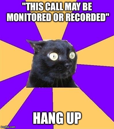 anxiety cat | "THIS CALL MAY BE MONITORED OR RECORDED"; HANG UP | image tagged in anxiety cat | made w/ Imgflip meme maker