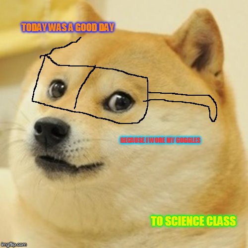 Doge | TODAY WAS A GOOD DAY; BECAUSE I WORE MY GOGGLES; TO SCIENCE CLASS | image tagged in memes,doge | made w/ Imgflip meme maker