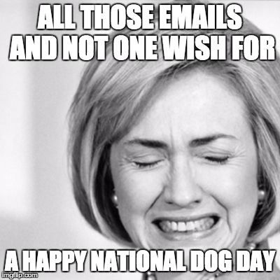 Poor Hillary |  ALL THOSE EMAILS AND NOT ONE WISH FOR; A HAPPY NATIONAL DOG DAY | image tagged in memes,hillary emails,national dog day | made w/ Imgflip meme maker