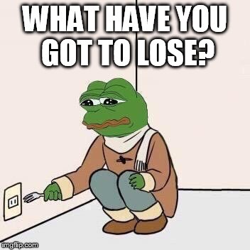 Sad Pepe Suicide | WHAT HAVE YOU GOT TO LOSE? | image tagged in sad pepe suicide | made w/ Imgflip meme maker