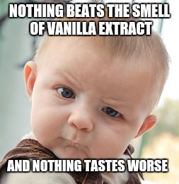 Skeptical Baby | NOTHING BEATS THE SMELL OF VANILLA EXTRACT; AND NOTHING TASTES WORSE | image tagged in memes,skeptical baby | made w/ Imgflip meme maker